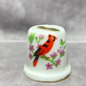 Porcelain Cardinal Bird Thimble With Floral Design Sewing Collectible